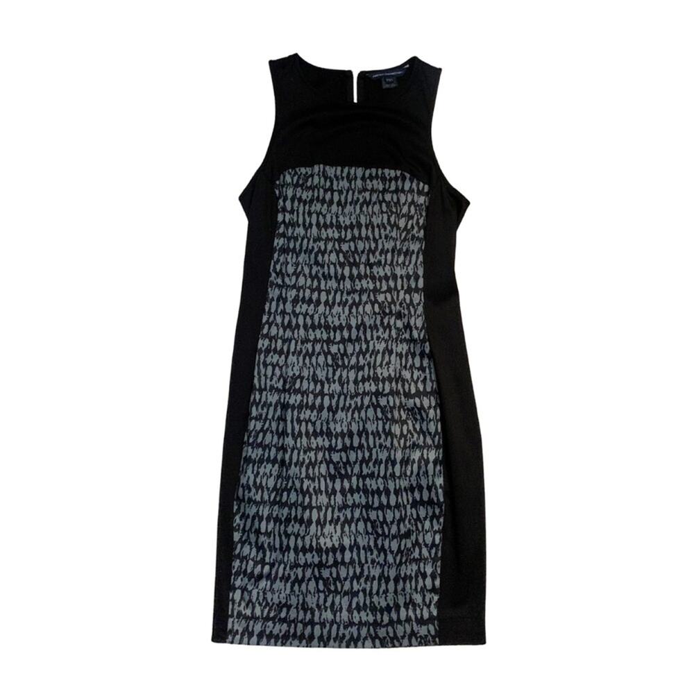 2/$30 French Connection Black Green Print Sheath Dress Sleeveless Office Classic